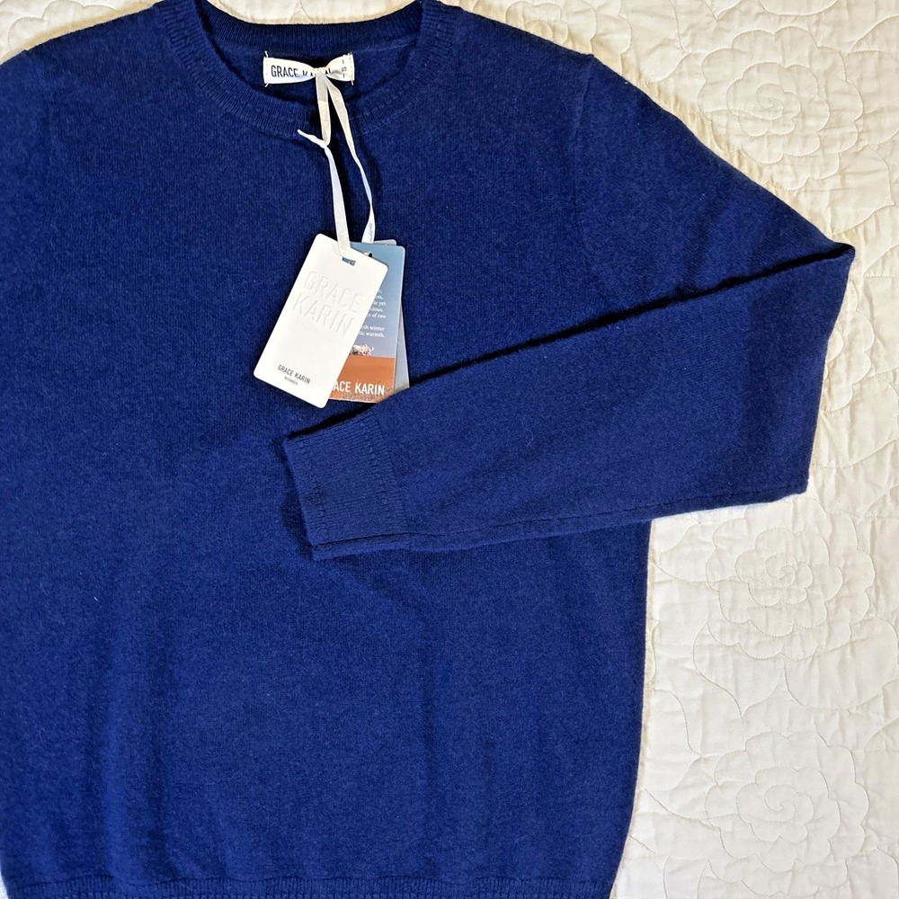 Grace Karin Cashmere Wool Sweater Navy Blue Crewneck NWT Size S Classic Pullover